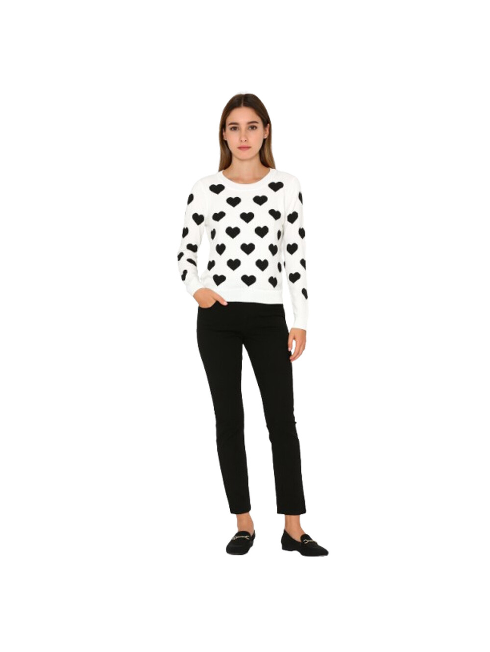 Saks White/Black Heart Sweater Crew Neck Long Sleeve Soft Knit NWT L